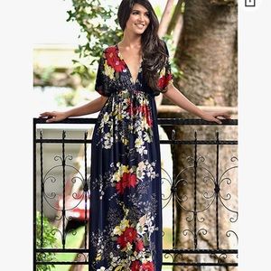 Womens Long Summer Floral Navy Blue Evening Sexy Kaftan Maxi Dress